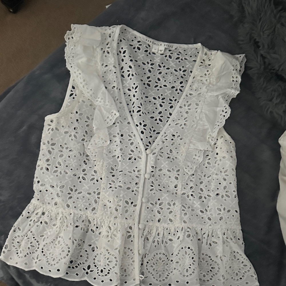 Veronica Beard White Eyelet Ruffle Blouse